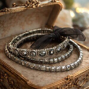 Set of 3 Vintage M0SHI Black Metal Bracelets with Black Crystals